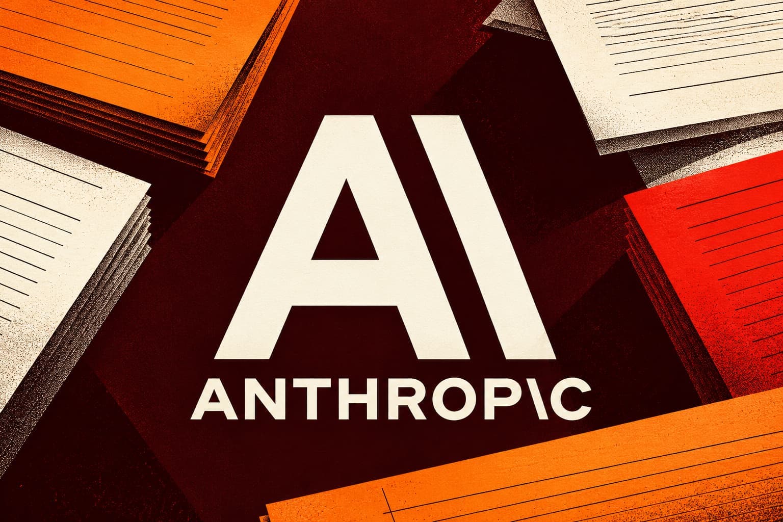 Anthropic's cream symbol and wordmark surrounded by orange, red and cream ledger pages on deep maroon.