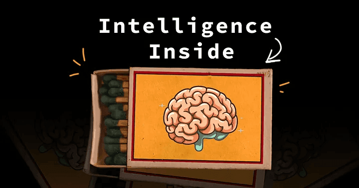 An open matchbox with a cartoon brain on its label, under the words Intelligence Inside