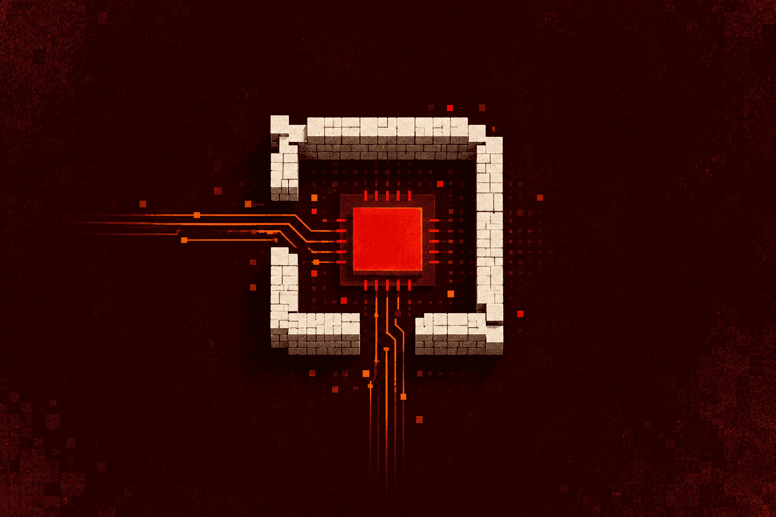 Orange circuit paths reach a red processor through gaps in a cream enclosure.