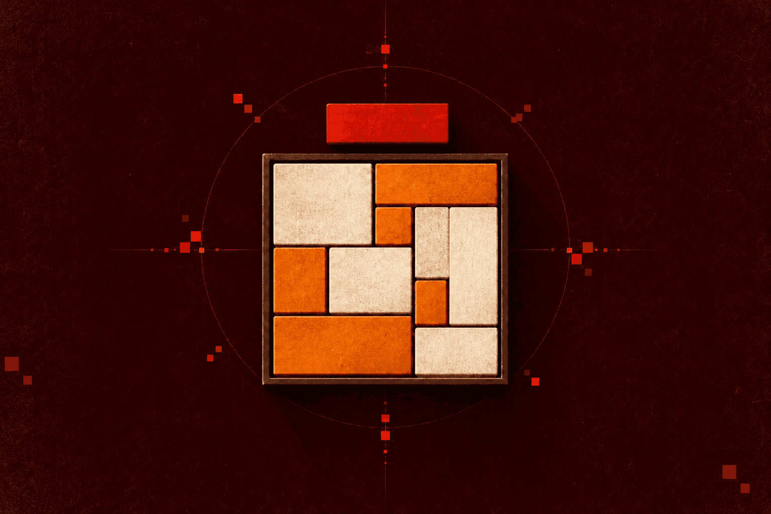 A tray packed with cream and orange blocks, with a red block left outside.