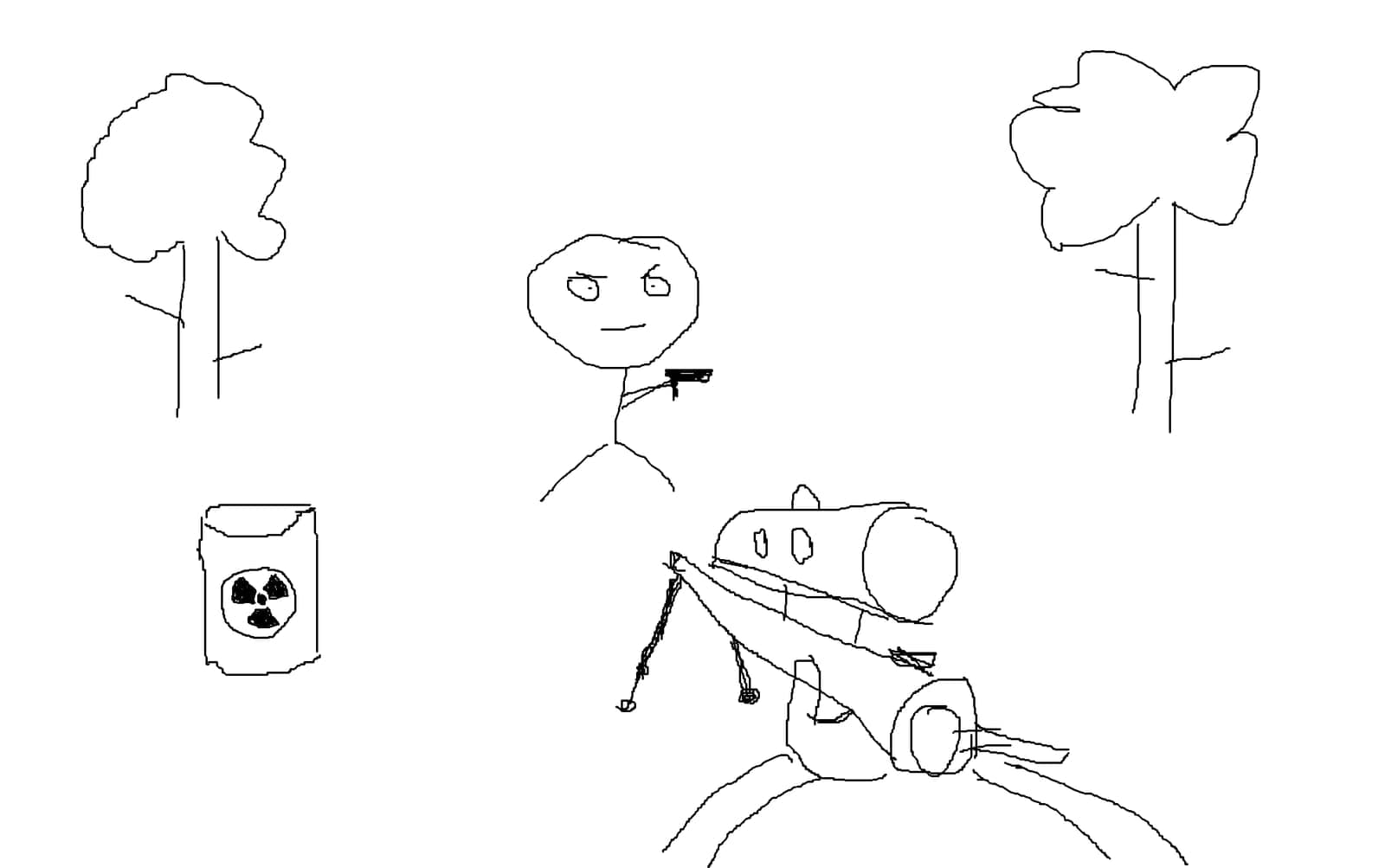 Hand-drawn stick-figure sketch of a first-person shooter: a scoped rifle in the foreground aimed at a figure between two trees, beside a radioactive barrel