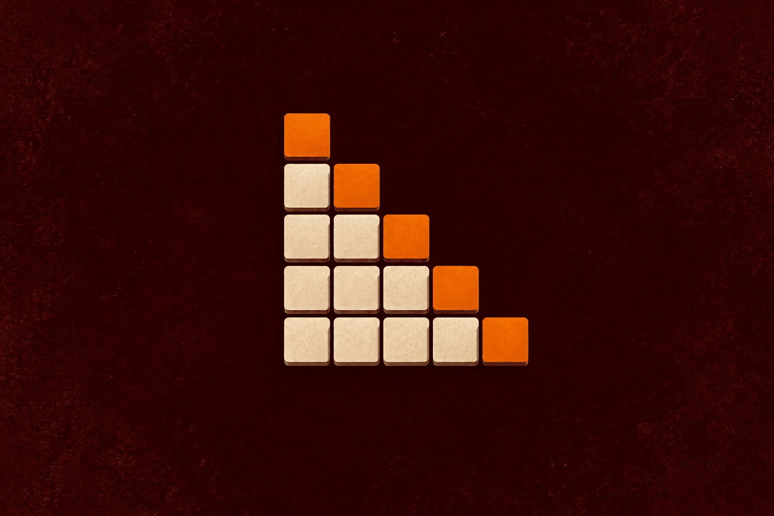 Five rows grow from one tile to five, each repeating earlier tiles and adding one orange tile.
