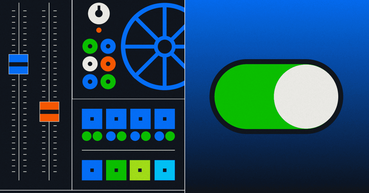 Flat illustration of a mixing console with sliders, dials and coloured buttons beside a large green toggle switch on a blue gradient