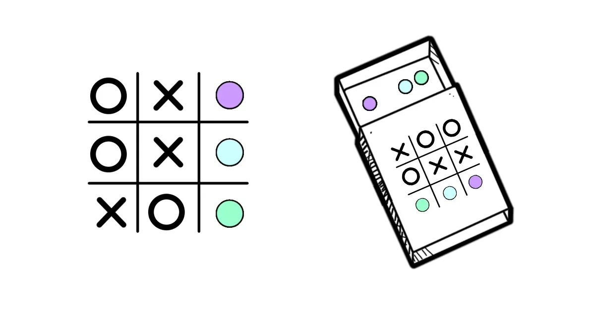 A partly played tic-tac-toe board with three empty squares marked by colored beads, next to a matchbox drawn with that board on its label and the same three beads in its tray
