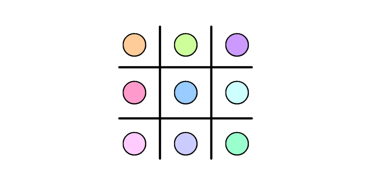 A tic-tac-toe grid with a different pastel-colored bead in each of the nine squares