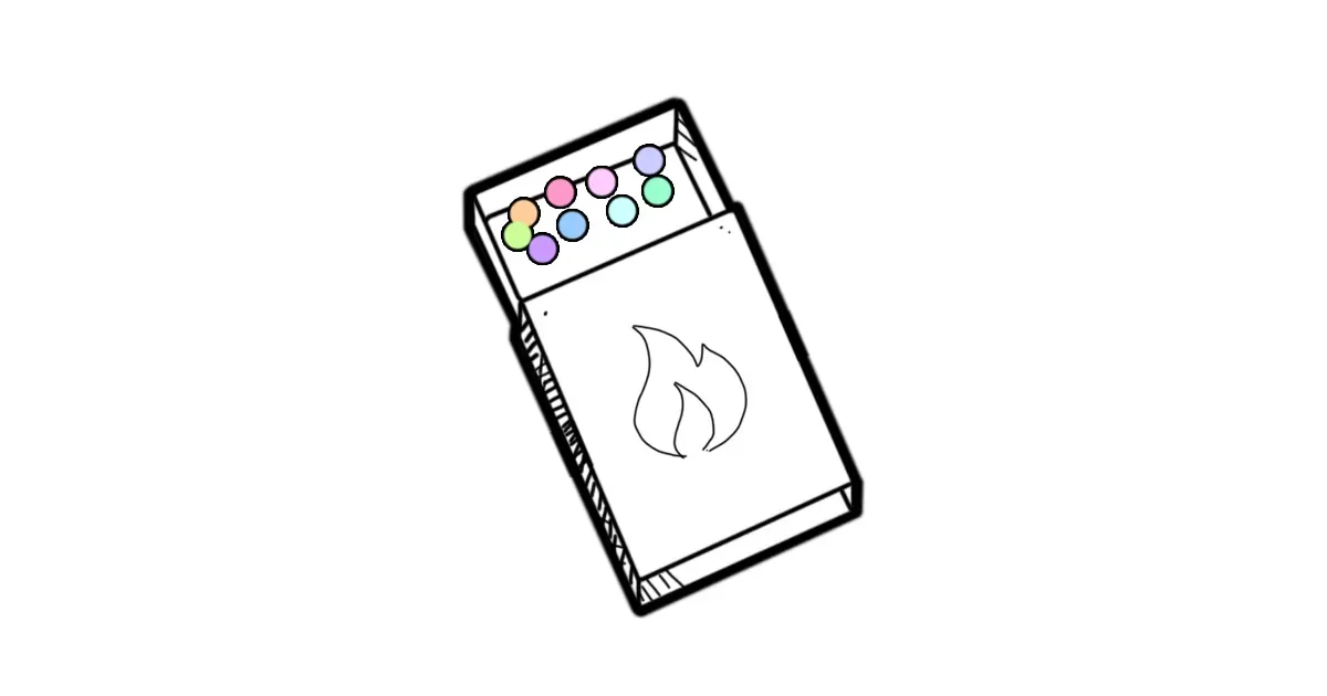 Line drawing of an open matchbox with nine pastel-colored beads in its tray