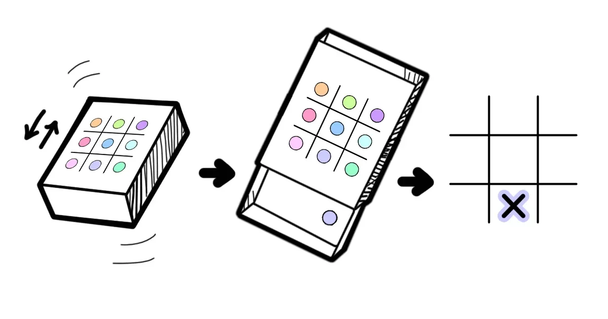 Three panels: a matchbox being shaken, the open matchbox with one bead drawn from its tray, and an X placed on the matching square of an empty board